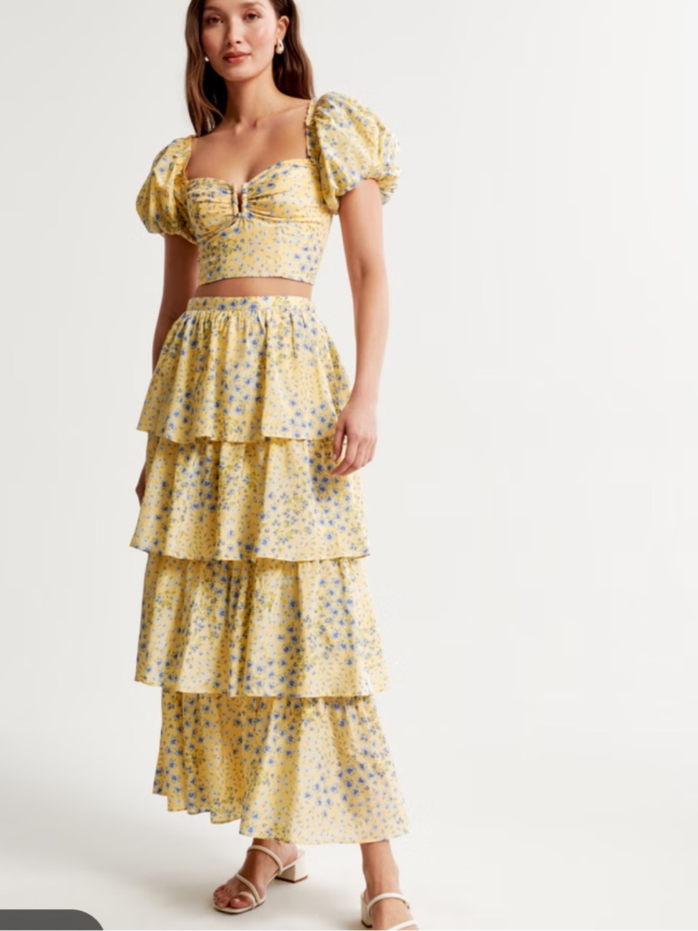 Abercrombie &Fitch 🔥 Yellow Floral Puff-Sleeve Crop Top & Tiered Maxi Skirt SET